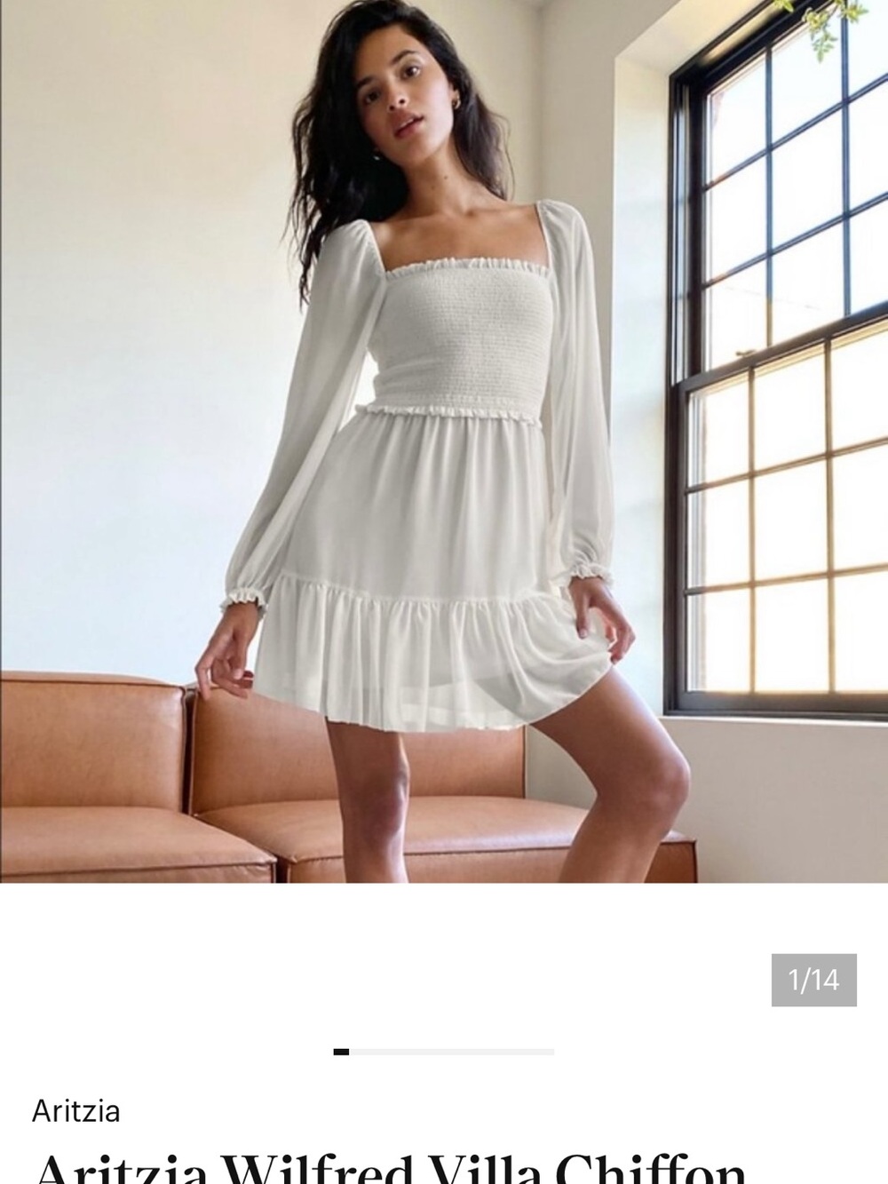 Aritzia Wilfred Villa Chiffon White Smocked Square-Neck Chiffon Mini Dress